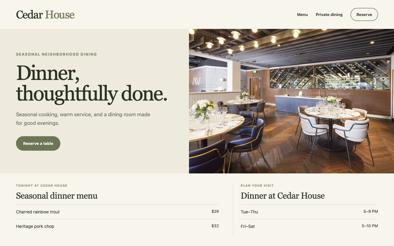 Restaurant website design example with a menu, reservation link, and responsive layout.
