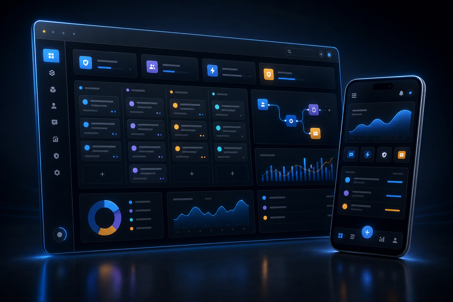 Generated product visual of custom desktop and mobile web app interfaces